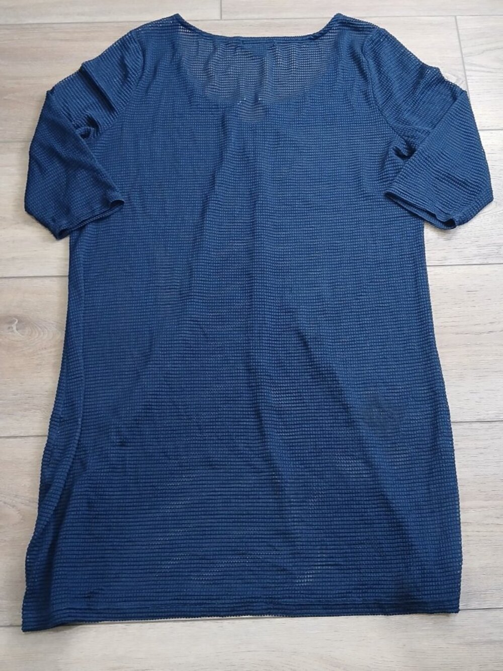 Trendsetter Navy Blue Textured Tunic Swim Top XL Stretch 3/4 Sleeve Keyhole Neck - Picture 10 of 10